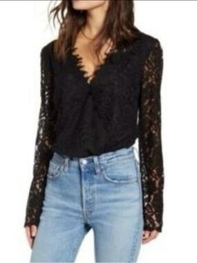 Strut And Bolt Black Lace Bodysuit Sheer V-neck Elegant Going Out Feminine 90 M